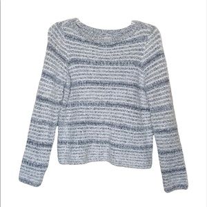 LOFT | Eyelash Fuzzy Sweater Gray Cream Striped Crew Neck Long Sleeve